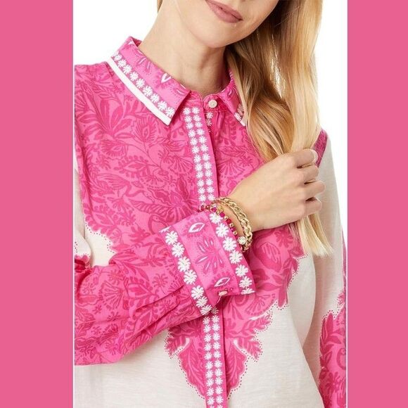 Lilly Pulitzer Kiran Button Down Top Womens Sz L Western Glam Pink White NEW - Picture 2 of 16